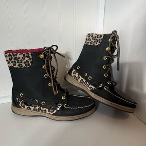 Sperry Women's Hikerfish Black Leather Leopard Lace Up High Top boots sz 7